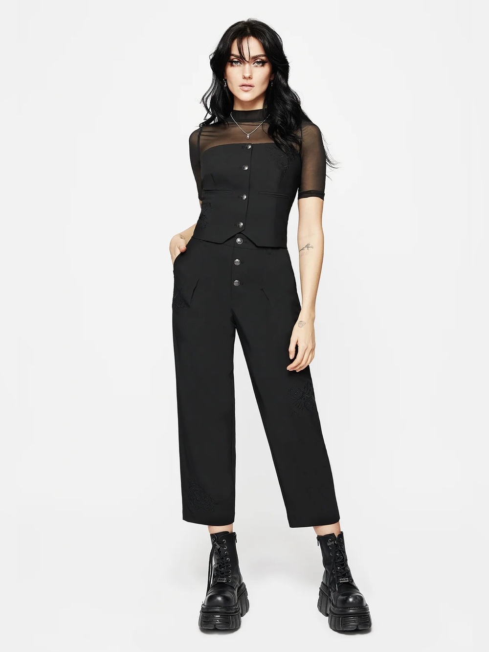 Disturbia Moonbow Embroidered Tailored Ankle Trouser Pants Black Size 8 NEW